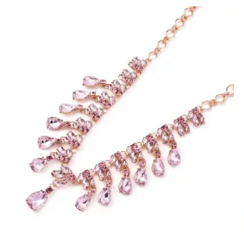 New Necklace and Earrings Austrian Crystal Pink Stones Rose Tone New - Picture 4 of 11